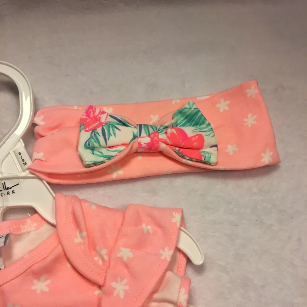 Nicole Miller Romper Set Baby Girl 6-9M Pink Aloha Tropical‎ Good Flutter Sleeve